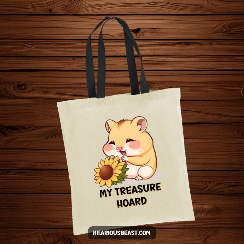 Funny hamster cub munching a sunflower seed, cute tote bag, ideal for pet owners.