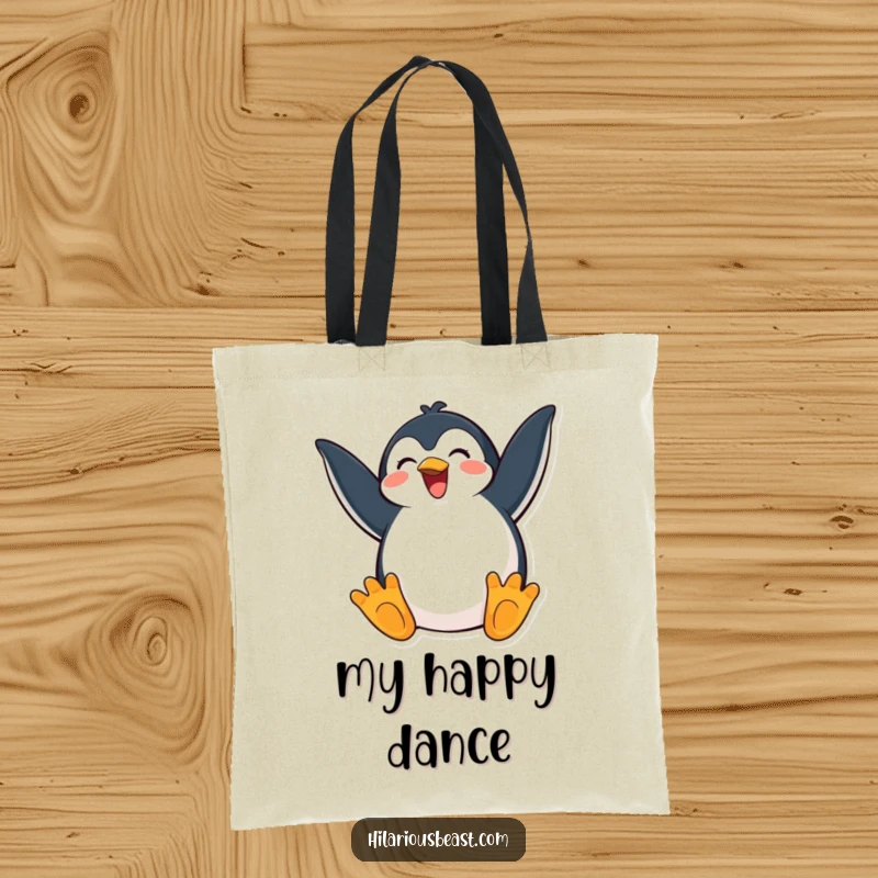 Funny tote bag featuring a happy penguin flapping its wings with extreme excitement, perfect for carrying essentials with joy.