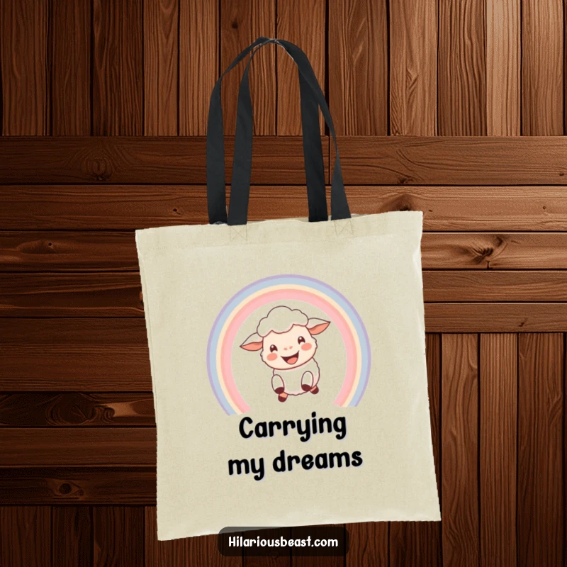 Funny tote bag showcasing a happy sheep with a wide grin leaping through a bright rainbow arc, perfect for a cheerful gift.