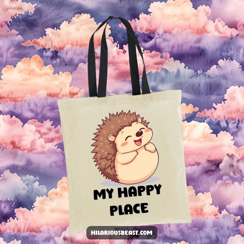 Funny Hedgehog Tote Bag: a charming canvas bag with a plump, grinning hedgehog rolling into a happy ball.
