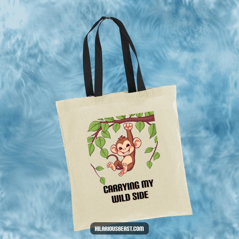 Funny tote bag with a mischievous monkey swinging from a vine, complete with a broad grin.