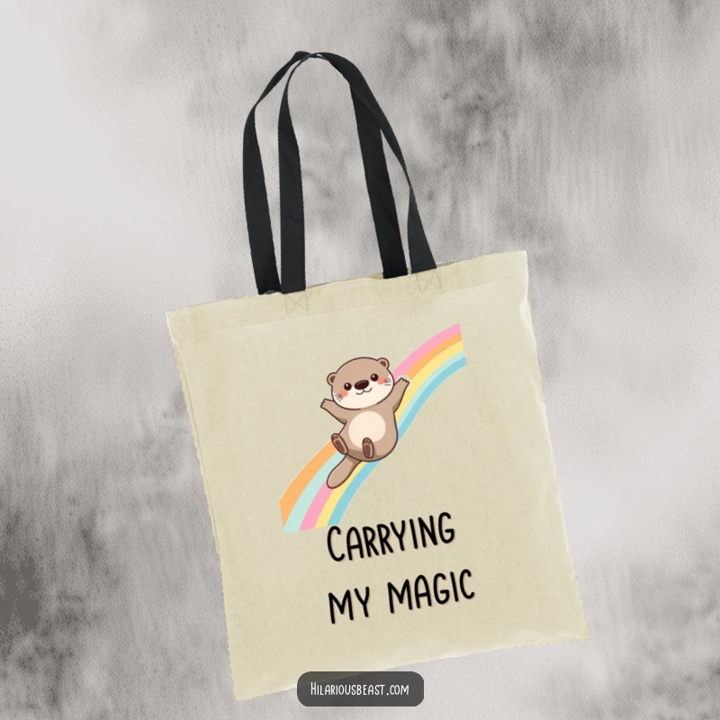 Funny otter tote bag illustrating a cute otter sliding down a rainbow with arms outstretched for balance, ready for any magical journey.