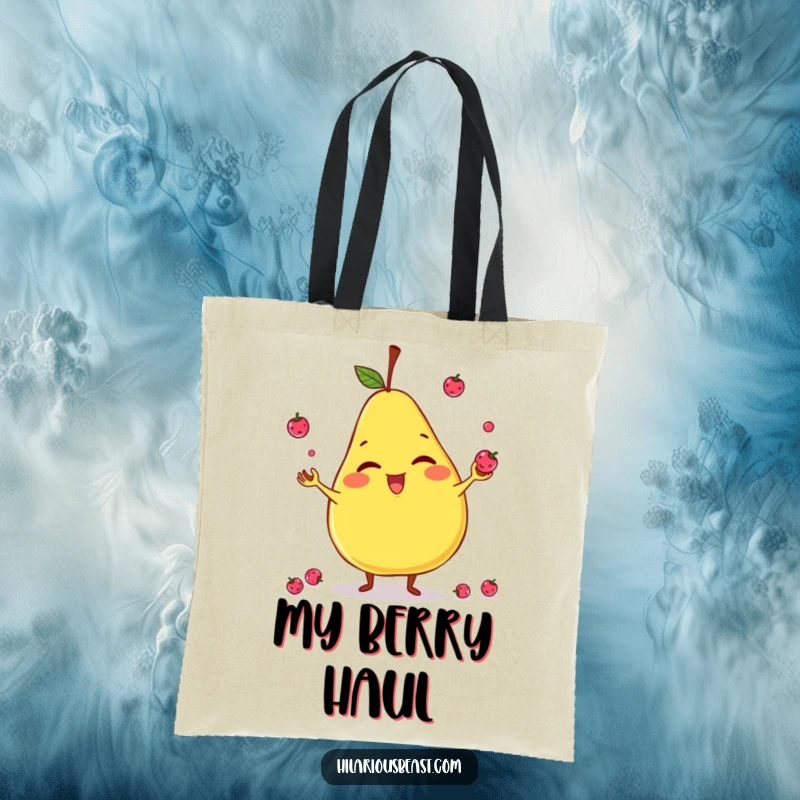 Funny tote bag with a giggling, slightly lopsided pear character juggling tiny berries, ready for errands with fruity style.