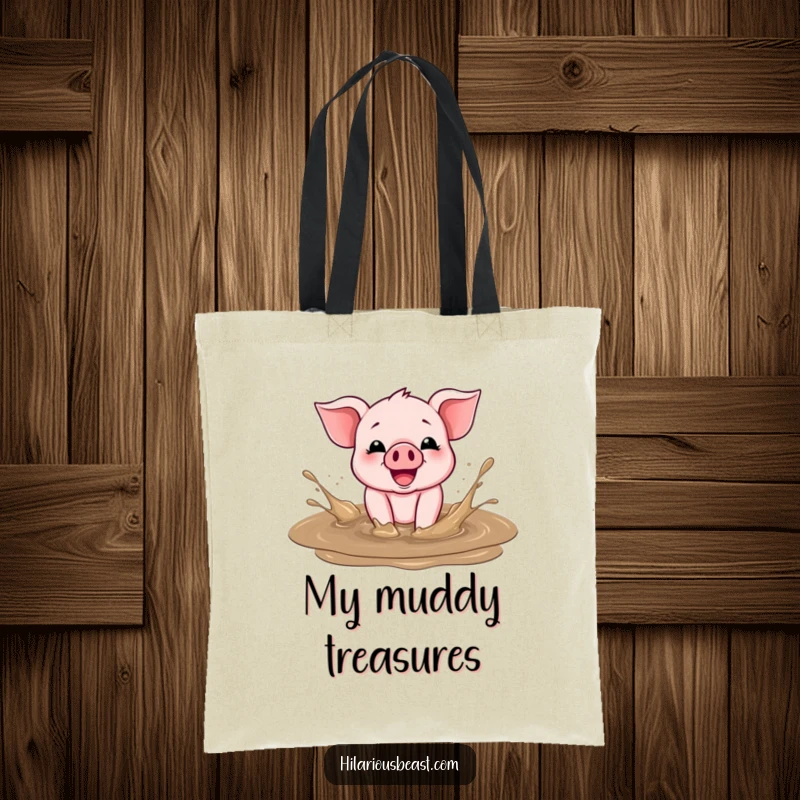 Funny Tote Bag featuring a cheerful piglet gleefully splashing in a mud puddle, a whimsical companion for errands.