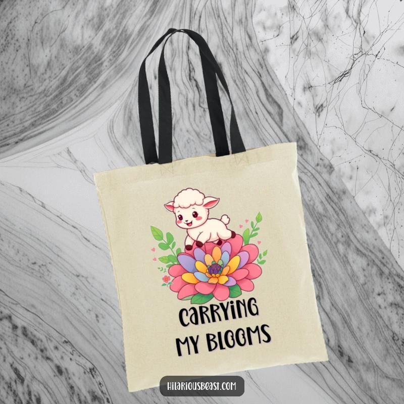Funny cheerful sheep cub leaping over a colorful flower, durable tote bag, perfect for carrying groceries with a bouncy spirit.