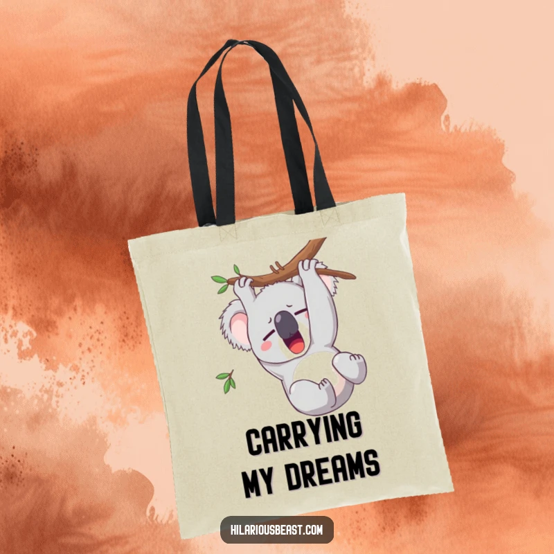 Funny koala tote bag showing a sleepy character yawning, practical and humorously designed for everyday use.