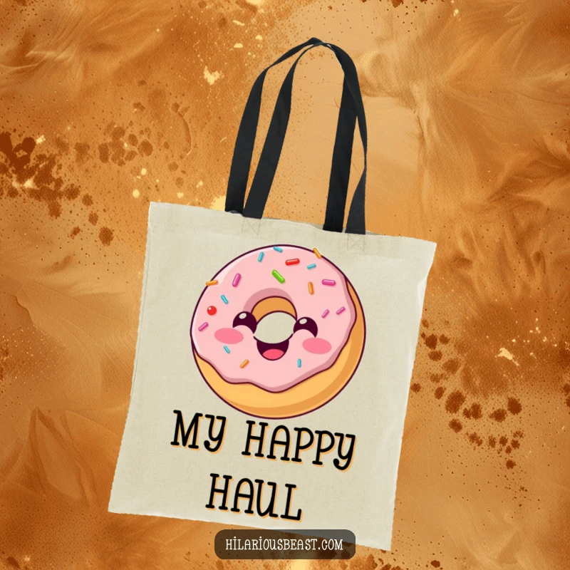 Funny tote bag with a cheerful, round donut with sprinkles bouncing happily, ready to carry your goods with joy.