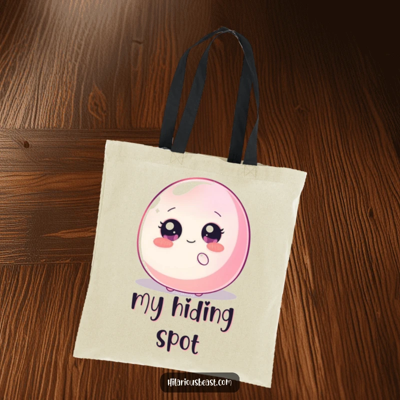 Funny tote bag displaying a shy blob with sparkly eyes hiding behind a massive, wiggling jellybean, perfect for carrying essentials humorously.