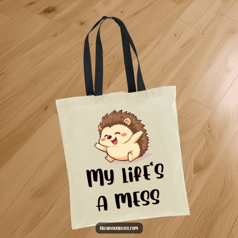 Funny hedgehog tote bag depicting a chubby hedgehog rolling downhill with pure joy, paws flailing in a comical, delightful manner.