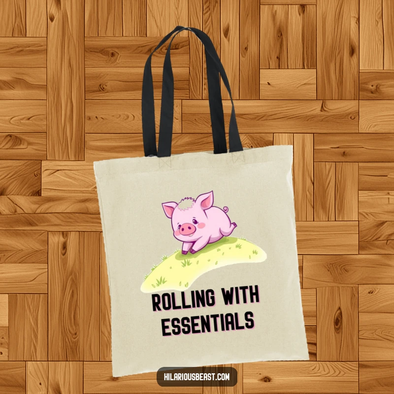 Funny purple piglet tote bag, a happy piglet rolling down a grassy hill, ready to carry your essentials cheerfully.